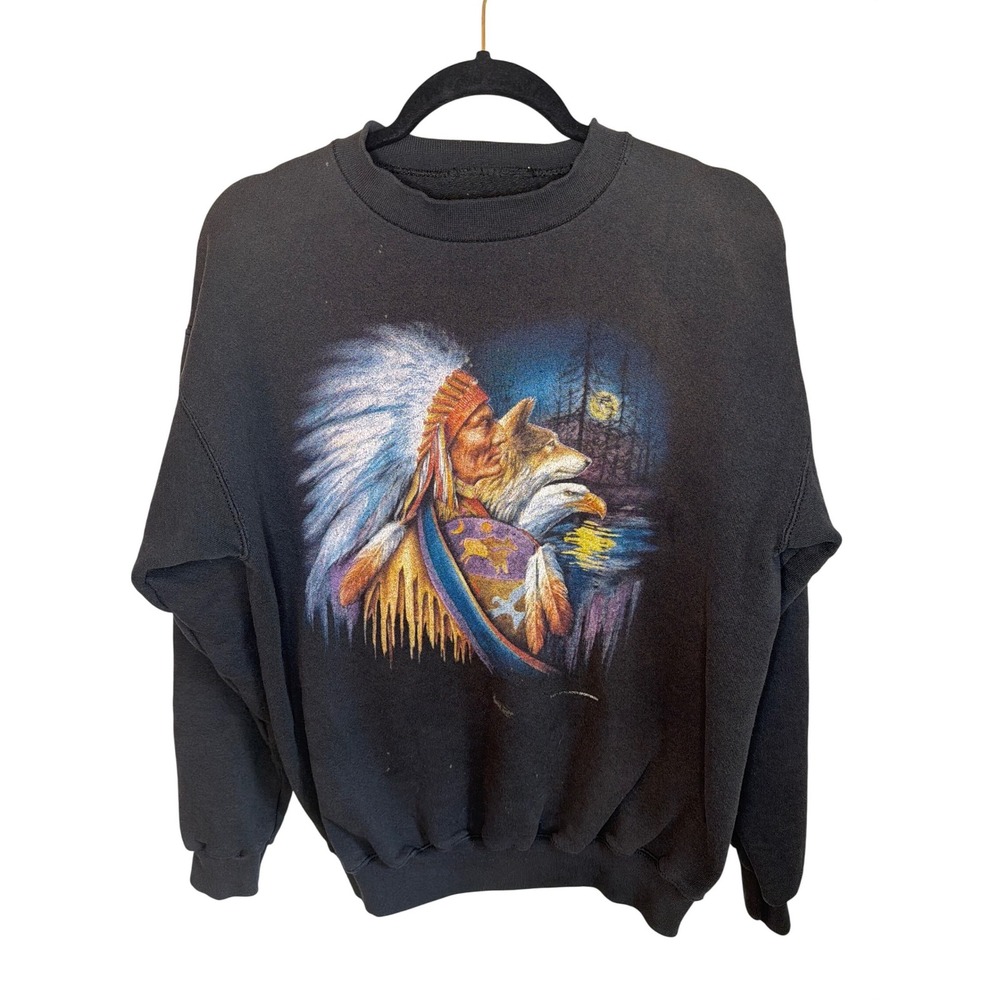 Vintage 1994 Thunder Sportswear Native American Wolf Eagle Sweatshirt Black Mens